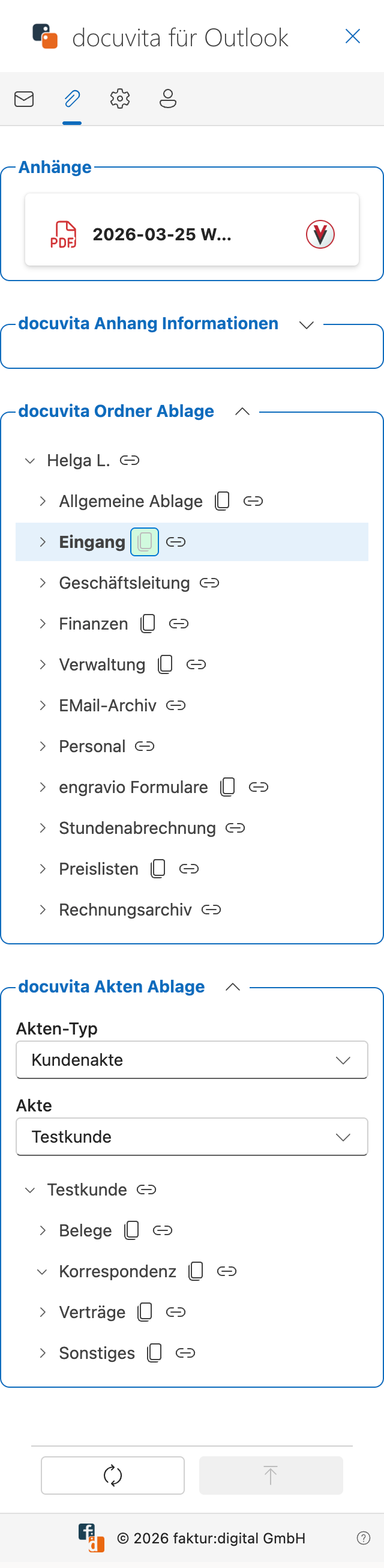 Anhänge-Tab — nach dem Archivieren, Aktualisieren-Schaltfläche aktiv