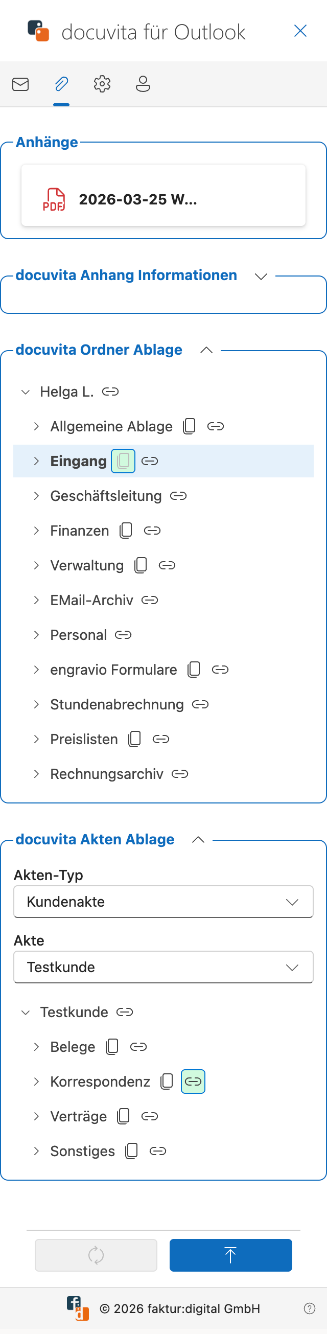 Anhänge-Tab — Archivieren-Schaltfläche aktiv