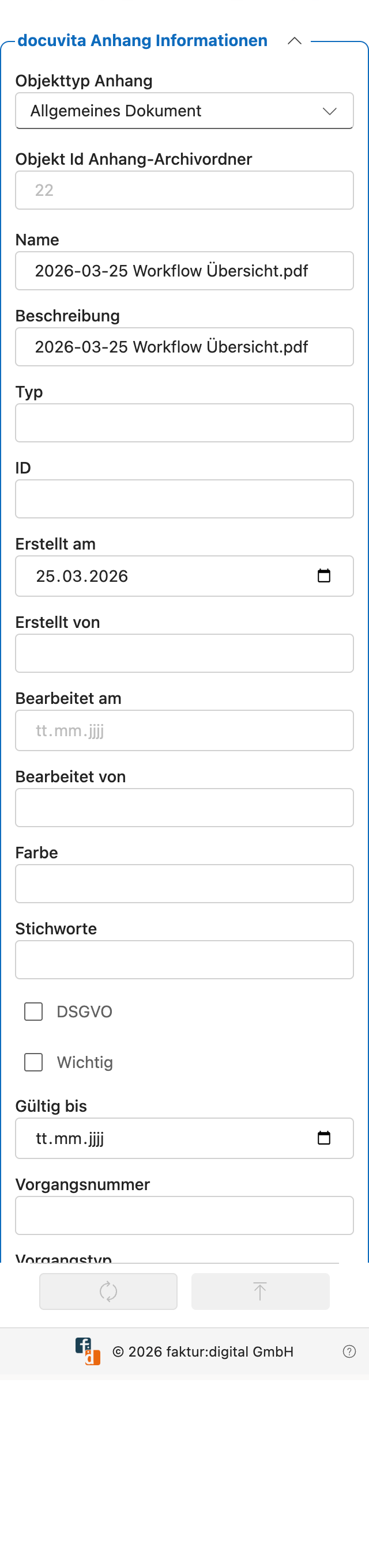 docuvita Anhang-Informationen — bearbeitbare Felder
