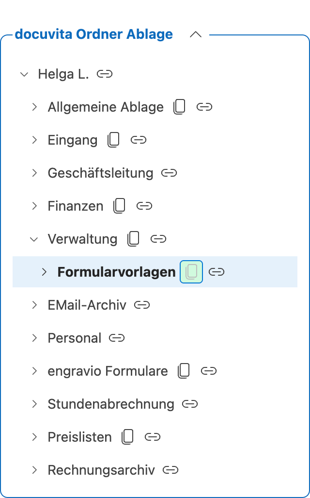 docuvita Ordner-Ablage — Ordnerstruktur mit Kopier-Schaltflächen