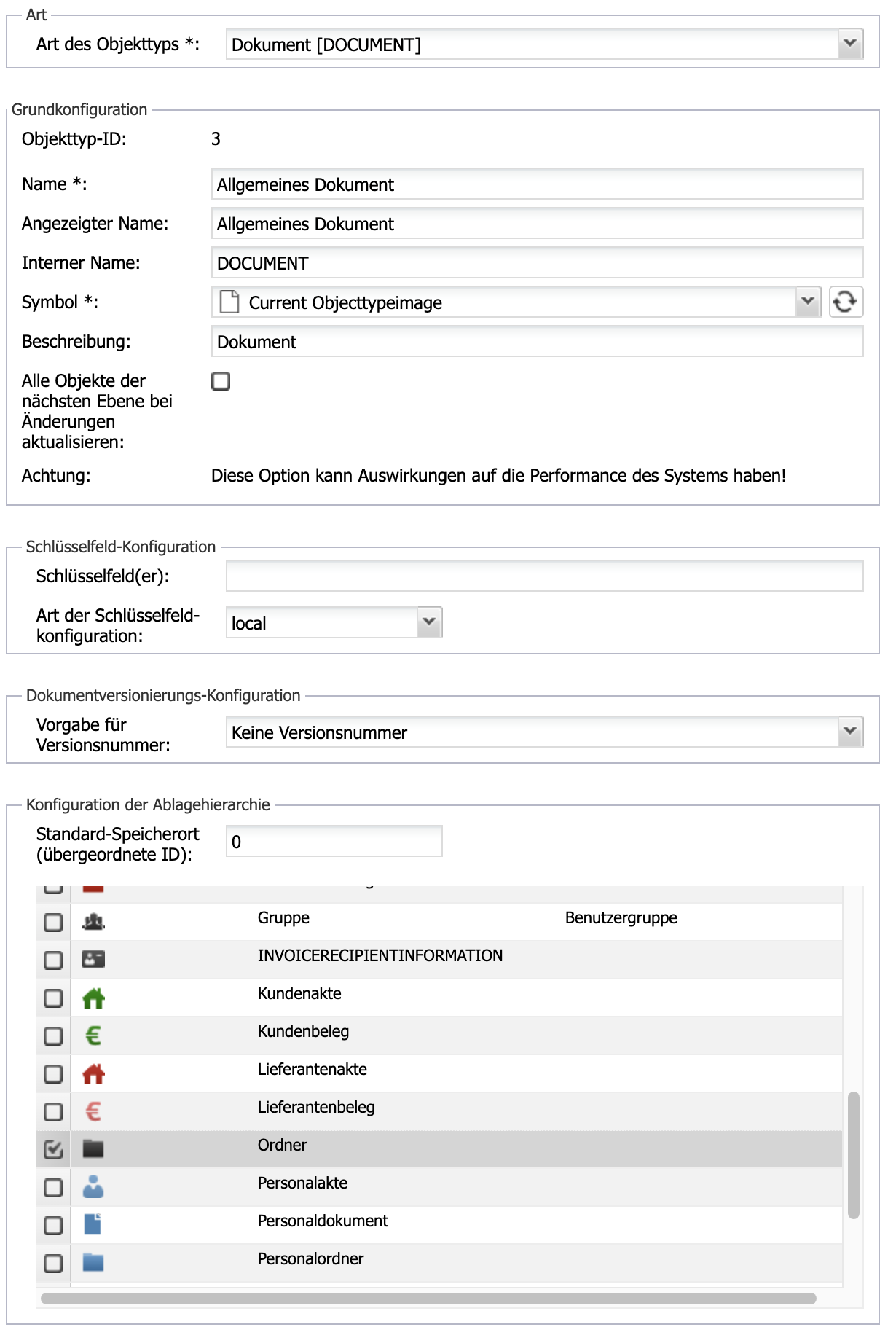 docuvita-Administration — Konfiguration der Ablagehierarchie für einen Objekttyp