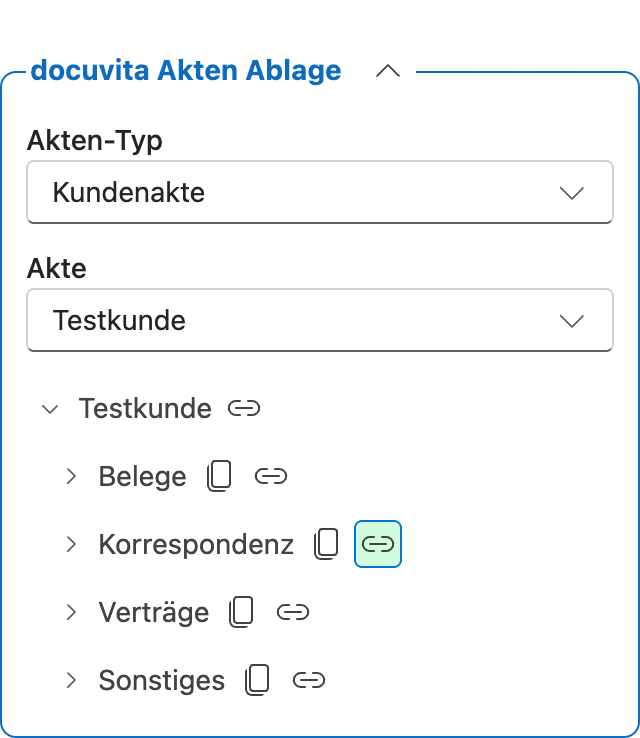 docuvita Akten-Ablage — Aktentyp und Akte ausgewählt