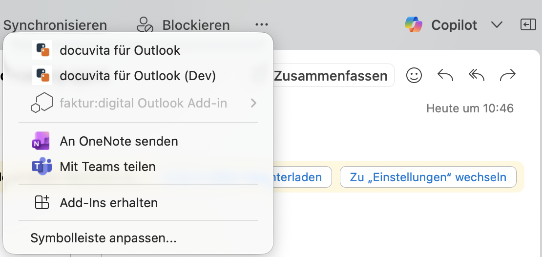 docuvita für Outlook — Eintrag im Overflow-Menü des neuen Outlooks