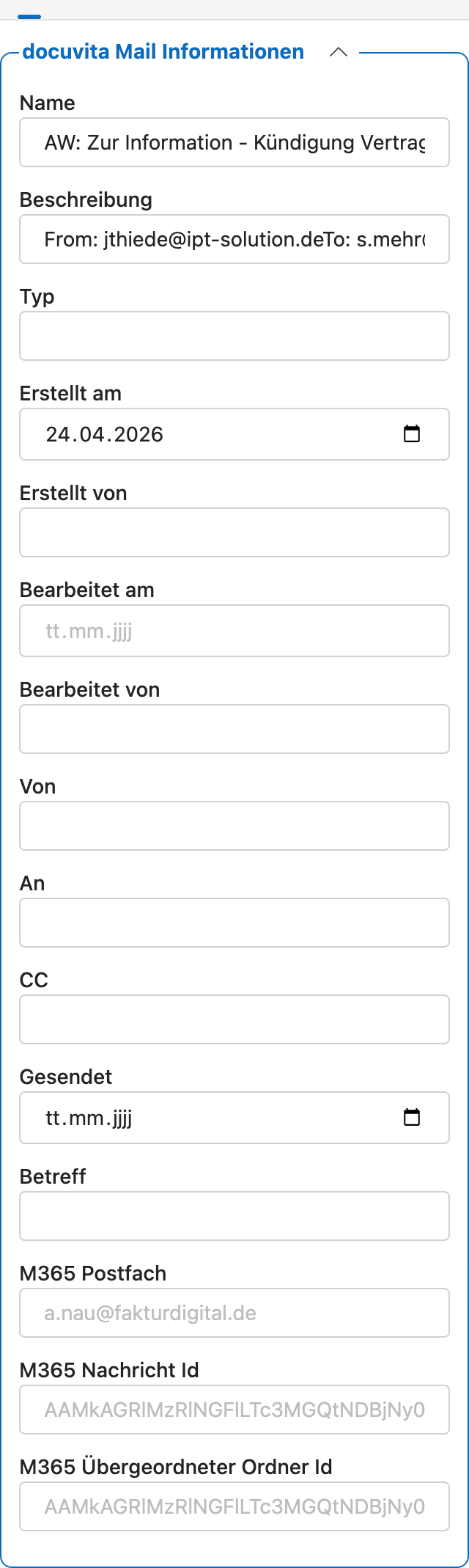 docuvita Mail-Informationen — bearbeitbare Felder