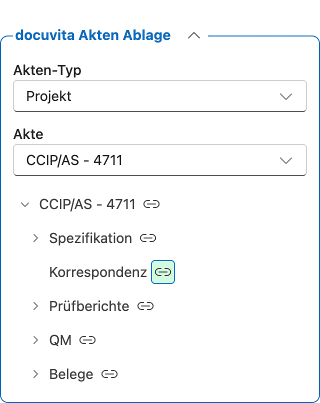 docuvita Akten-Ablage — Aktentyp und Akte ausgewählt
