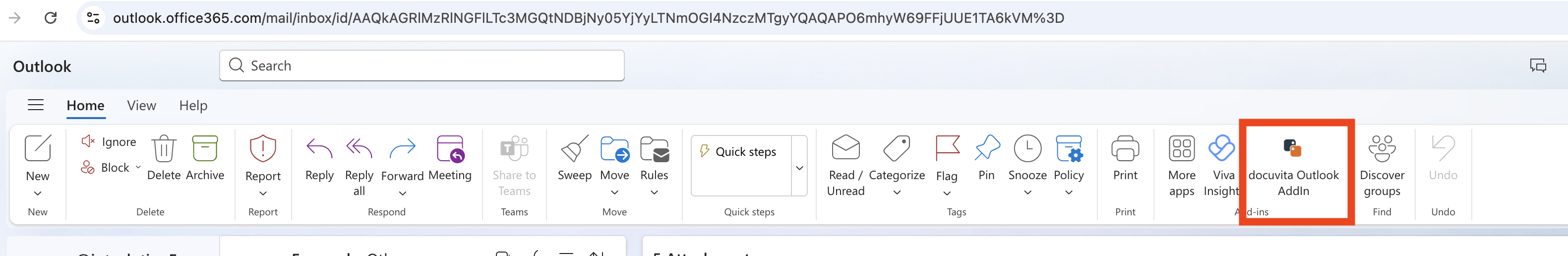 docuvita für Outlook — Schaltfläche im klassischen Outlook-Ribbon