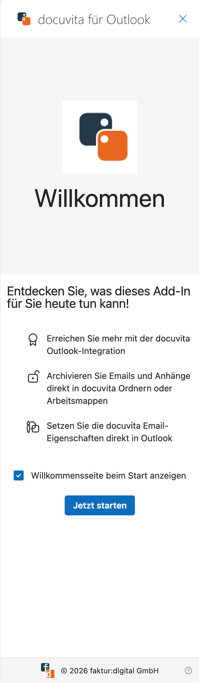 Willkommensbildschirm des docuvita Outlook Add-Ins